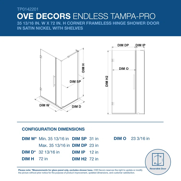 Endless Tampa-Pro 35" W x 72" H Corner Frameless Shower Kit, Door, Panel, Shelves