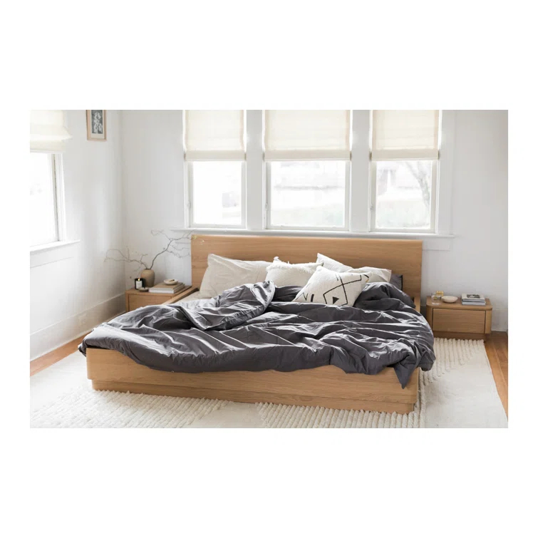 Round Off Transitional Oak Queen Panel Bed with Solid Headboard