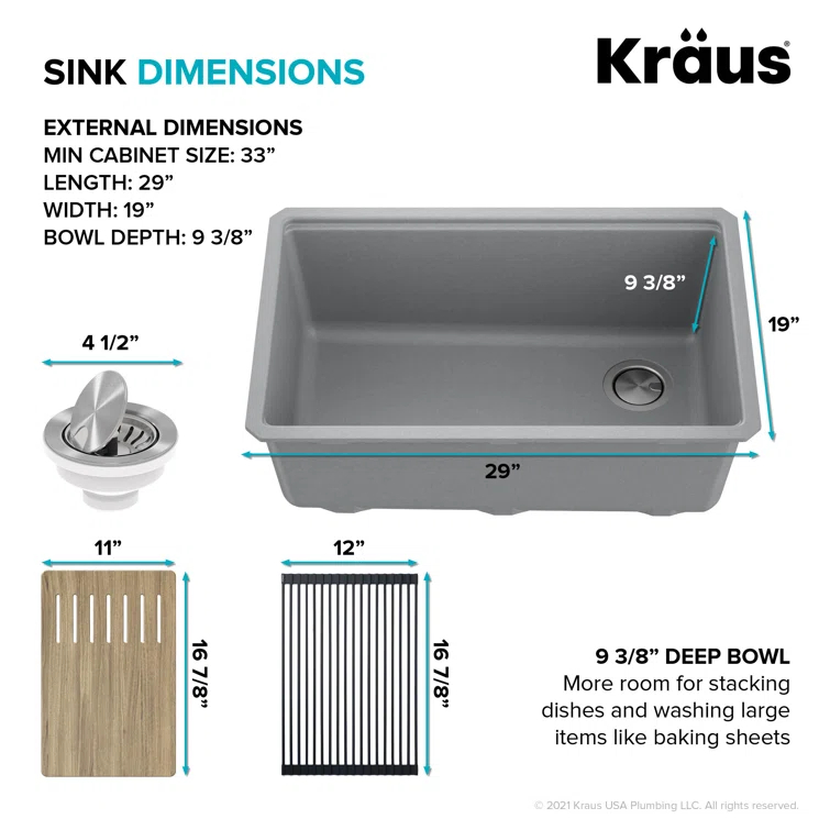 29 in. KRAUS Bellucci Workstation Undermount Granite Composite Single Bowl Kitchen Sink with Accessories