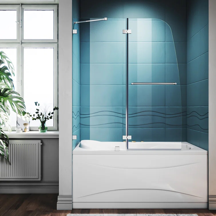 48"W x 58"H Frameless Shower Door,Hinged Pivot Tub Door with 1/4" Clear Tempered Glass,Chrome