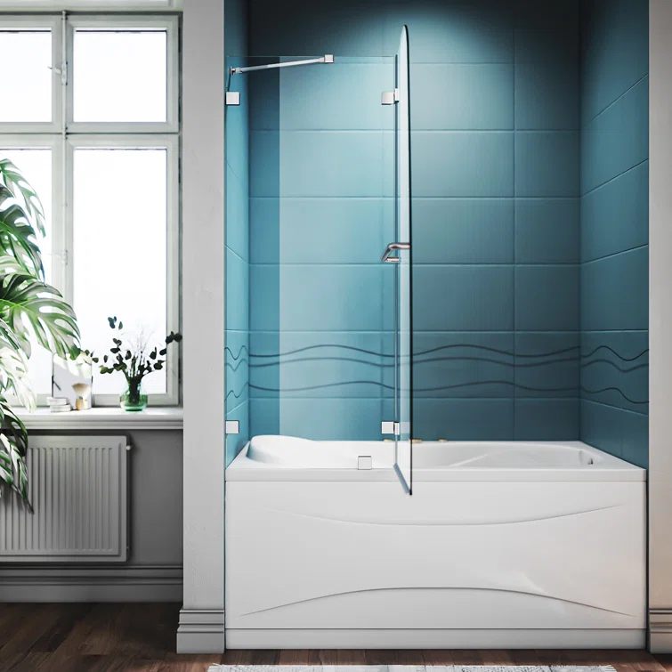 48"W x 58"H Frameless Shower Door,Hinged Pivot Tub Door with 1/4" Clear Tempered Glass,Chrome