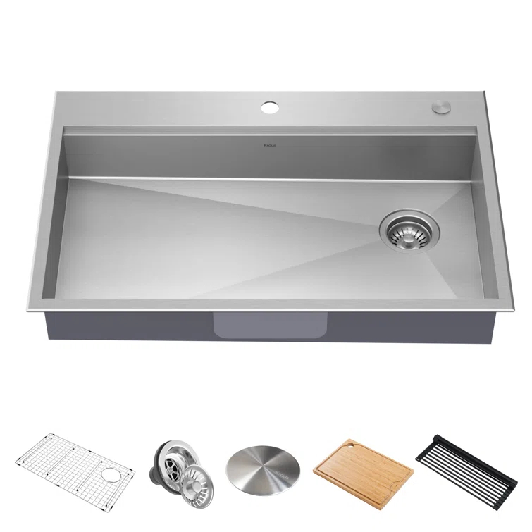 Kraus KWT310-33/5.5 Kore™ ADA Workstation 33" L Drop-In Top Mount 16 Gauge Stainless Steel Single Bowl Kitchen Sink with Accessories