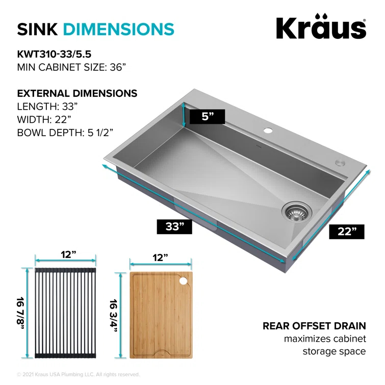 Kraus KWT310-33/5.5 Kore™ ADA Workstation 33" L Drop-In Top Mount 16 Gauge Stainless Steel Single Bowl Kitchen Sink with Accessories