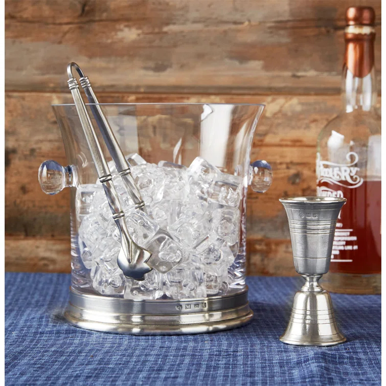 Silver and Glass Ice Bucket with Handles and Tongs