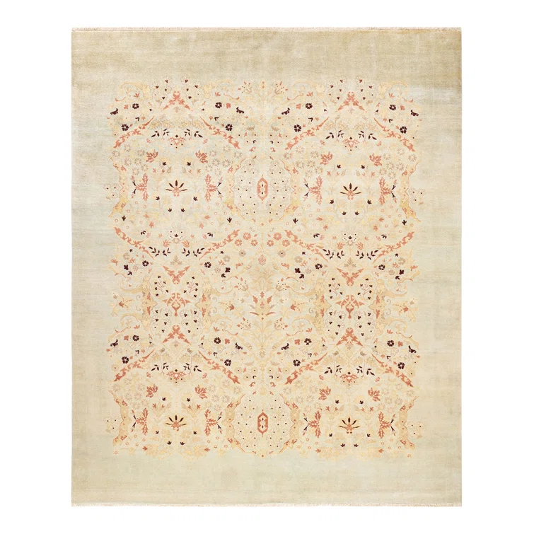 Ivory Floral Hand-Knotted Wool Rectangular Area Rug 8' x 10'