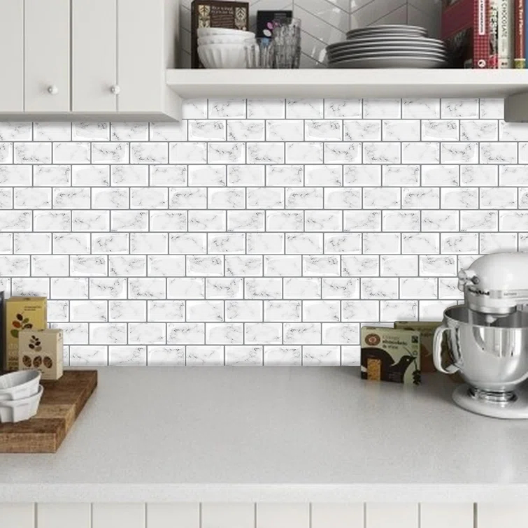 12" x 12" Vinyl Backsplash White Marble Peel & Stick Subway Tile