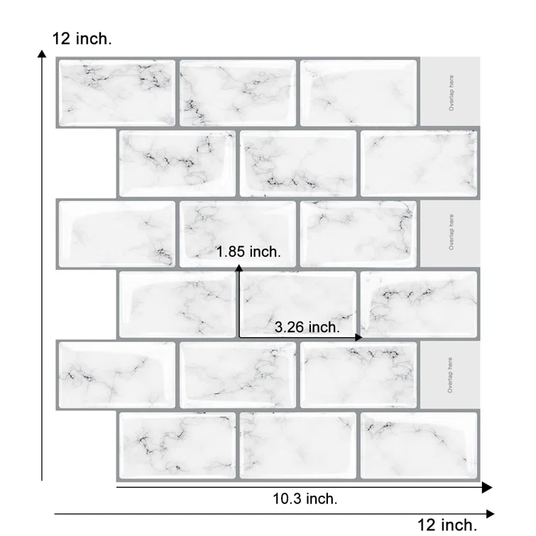 12" x 12" Vinyl Backsplash White Marble Peel & Stick Subway Tile