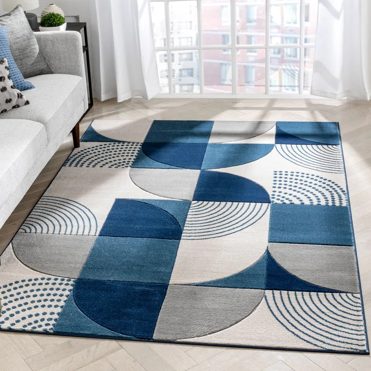 Clyte Blue Modern Geometric Boxes Lines 3D Textured Rug