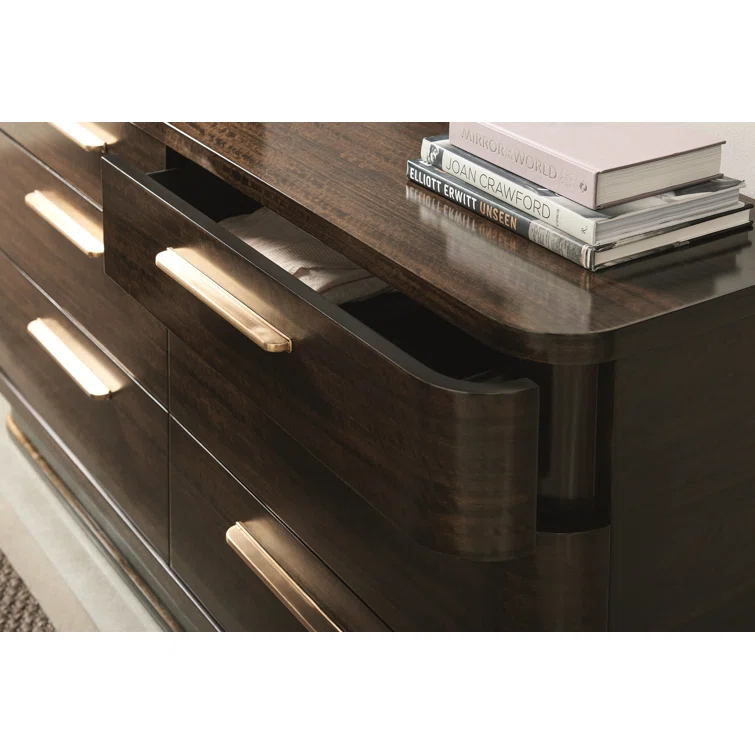 Transitional Aged Bourbon 6-Drawer Dresser with Golden Bronze Pulls