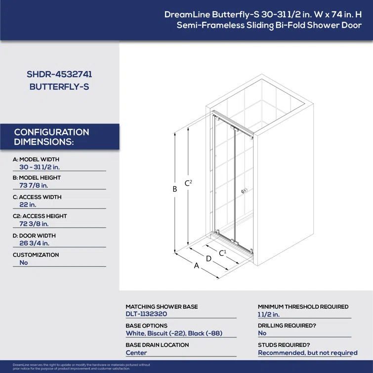Dreamline Butterfly-S 30-31 1/2 In. W X 74 In. H Semi-Frameless Sliding Bi-Fold Shower Door In Brushed Nickel