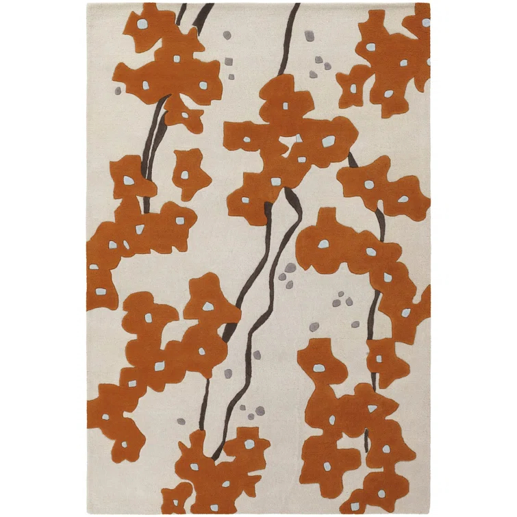 Handmade White and Orange Floral Wool Area Rug 5' x 7'