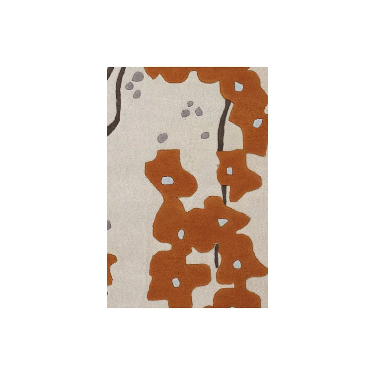 Handmade White and Orange Floral Wool Area Rug 5' x 7'