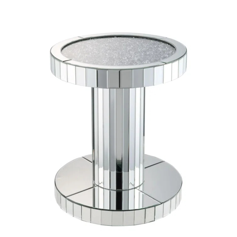 Round Silver Wood and Glass Mirrored End Table