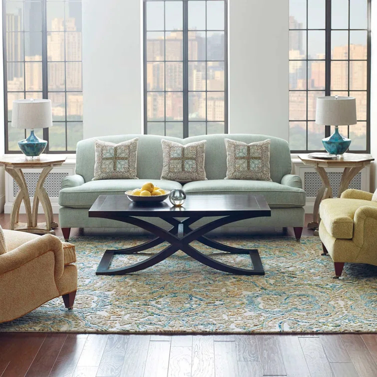Agra Damask Handmade Tufted Wool Beige/Blue Area Rug