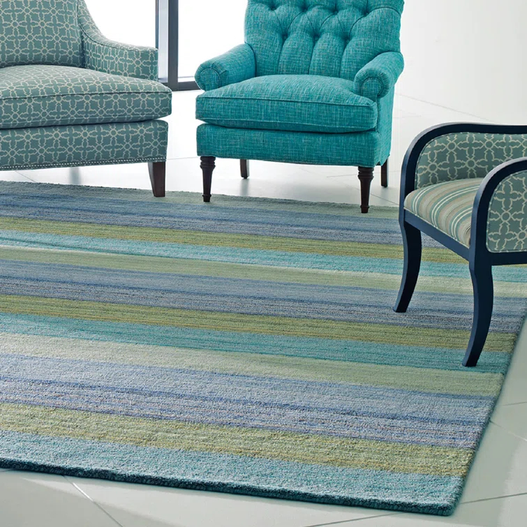 Brushstroke Striped Handmade Tufted Wool Dark Blue/Yellow Area Rug