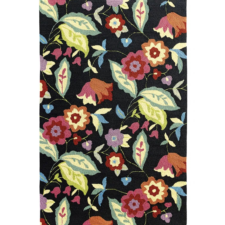 Samantha Floral Hand Hooked Black/Orange/Pink Area Rug