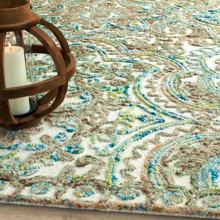 Agra Damask Handmade Tufted Wool Beige/Blue Area Rug
