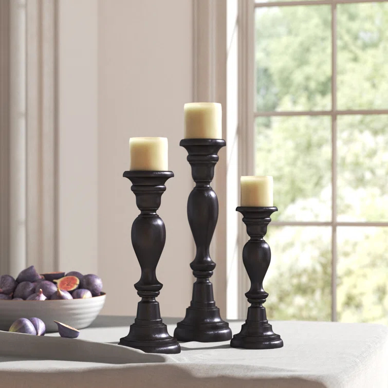 3 Piece Wood Tabletop Candlestick Set