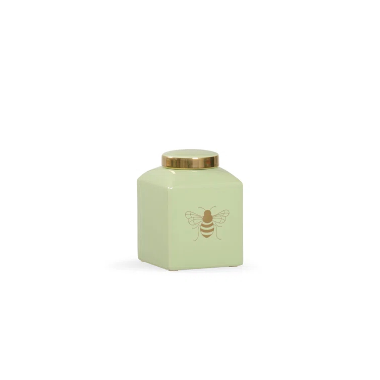 Light Green and Gold Ceramic Ginger Jar with Royal Bee Design