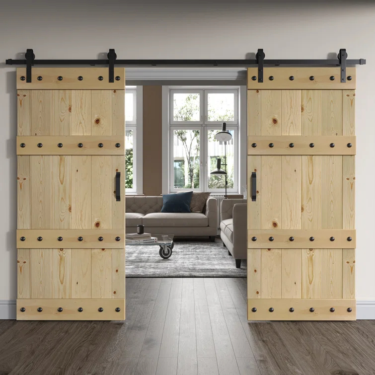 Castle Series Pine Wood Double Sliding Barn Door with Hardware Kit