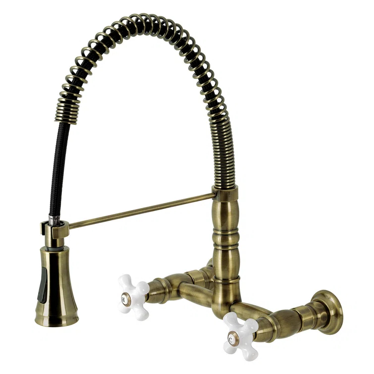 Kingston Brass GS1245PX Kingston Brass Heritage Double-Handle 2-Hole Wall-Mount Pre-Rinse Bridge Kitchen Faucet