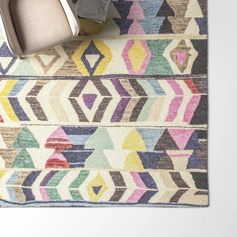 Kylan Geometric Wool Runner Rug for Living Room Bedroom Dining Room Entryway Hallway Kitchen, Multicolor/Black