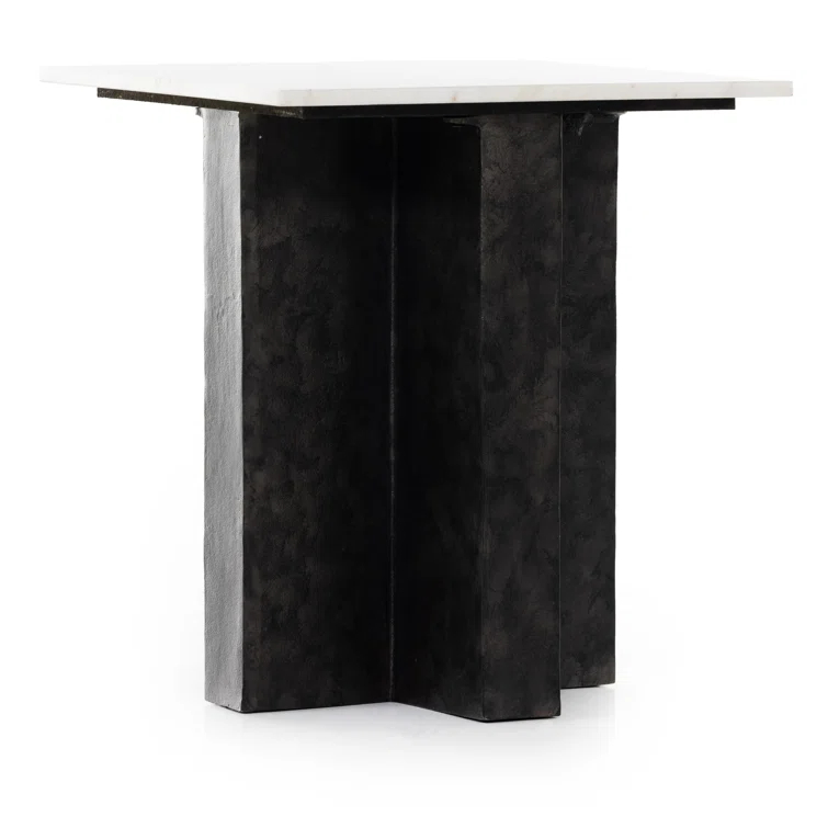 Contemporary Marlow Square End Table in Polished White Marble and Raw Black