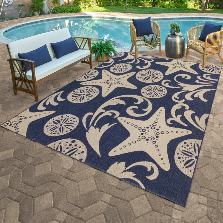 Gertmenian Paseo Canoa Navy Blue/Beige Nautical Sea Life Indoor/Outdoor Flatweave Area Rug