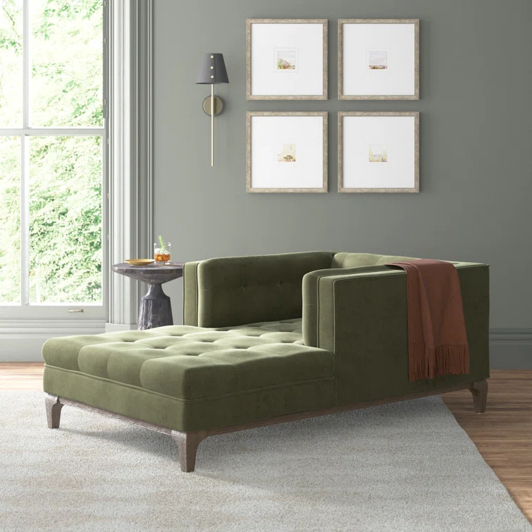 Sapphire Olive Velvet Handcrafted Contemporary Sofa Chaise