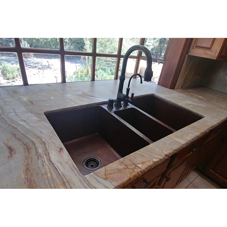 42" Hammered Copper Triple Basin Kitchen Sink