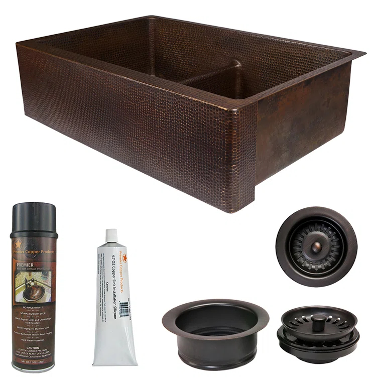 33" Hammered Copper Kitchen Apron 50/50 Double Basin Sink with Short 5" Divider w/ Matching Drains and Accessories