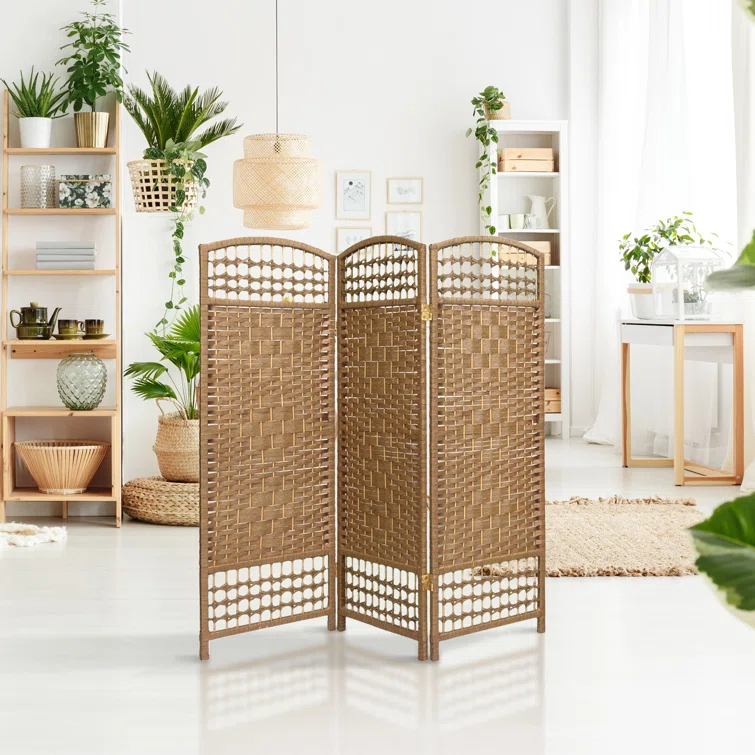 4 ft. Tall Fiber Weave Room Divider - Natural (3 Panels) - Oriental Furniture: Hardwood Frame, Spot Clean, No Assembly Required