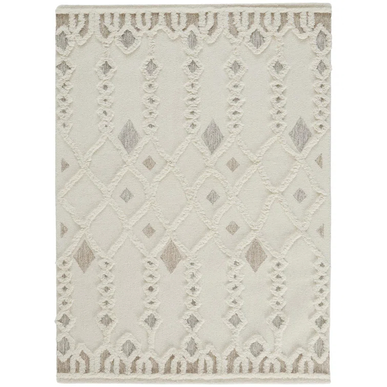 Ivory Geometric Tufted Wool 10' x 14' Area Rug