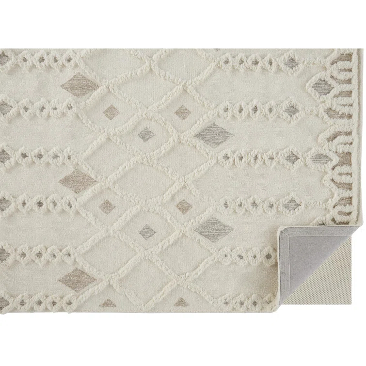 Ivory Geometric Tufted Wool 10' x 14' Area Rug