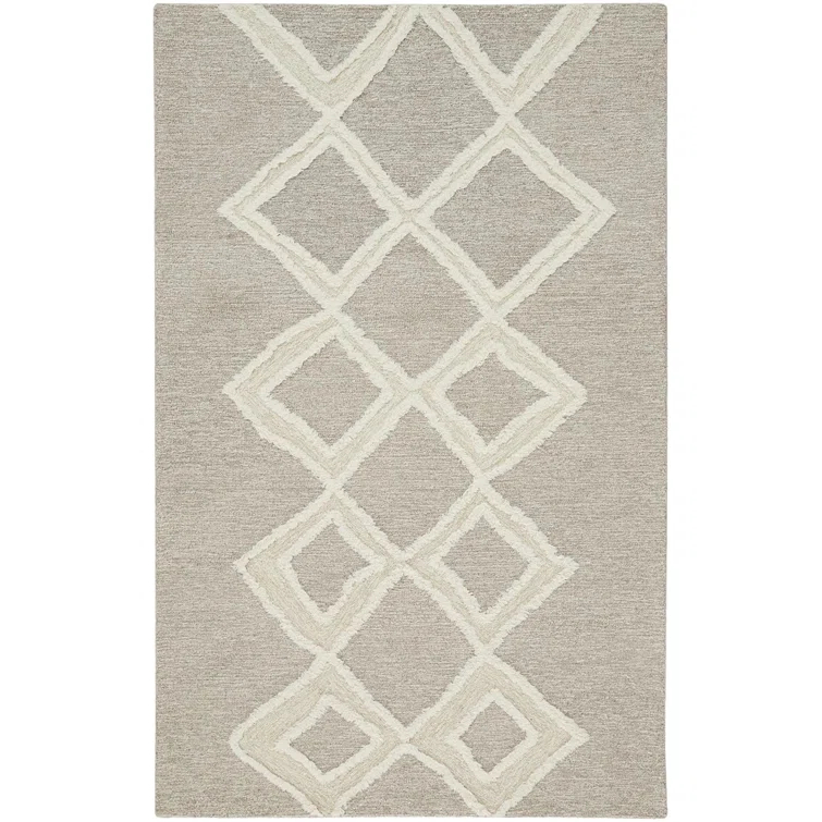 Ivory and Brown Geometric Wool Handmade Area Rug