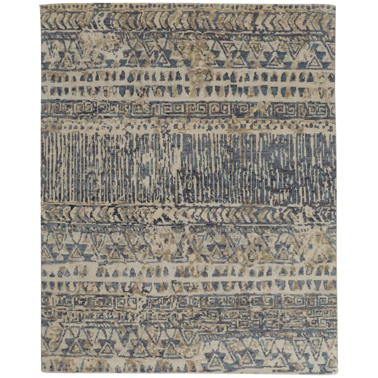 Ivory and Denim Blue Hand-Knotted Wool Abstract Rug