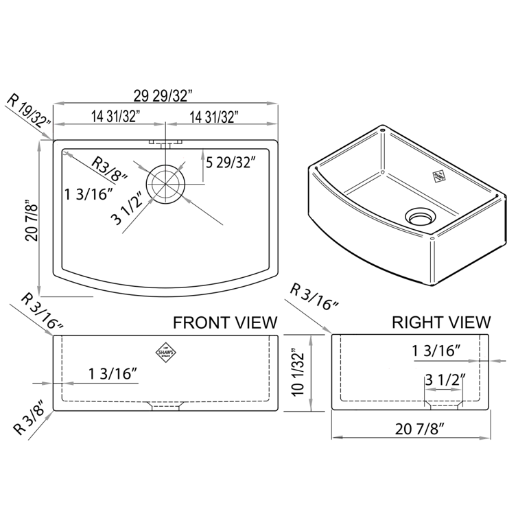 Waterside 30" Single Bowl Farmhouse Bowed Apron Front Fireclay Kitchen Sink
