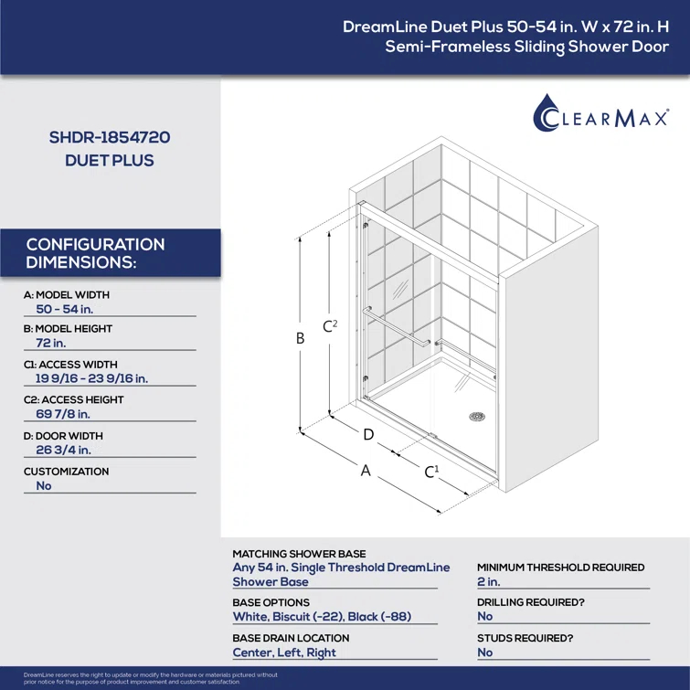 Duet Plus 50" - 54" W x 72" H Double Sliding Semi-Frameless Shower Door