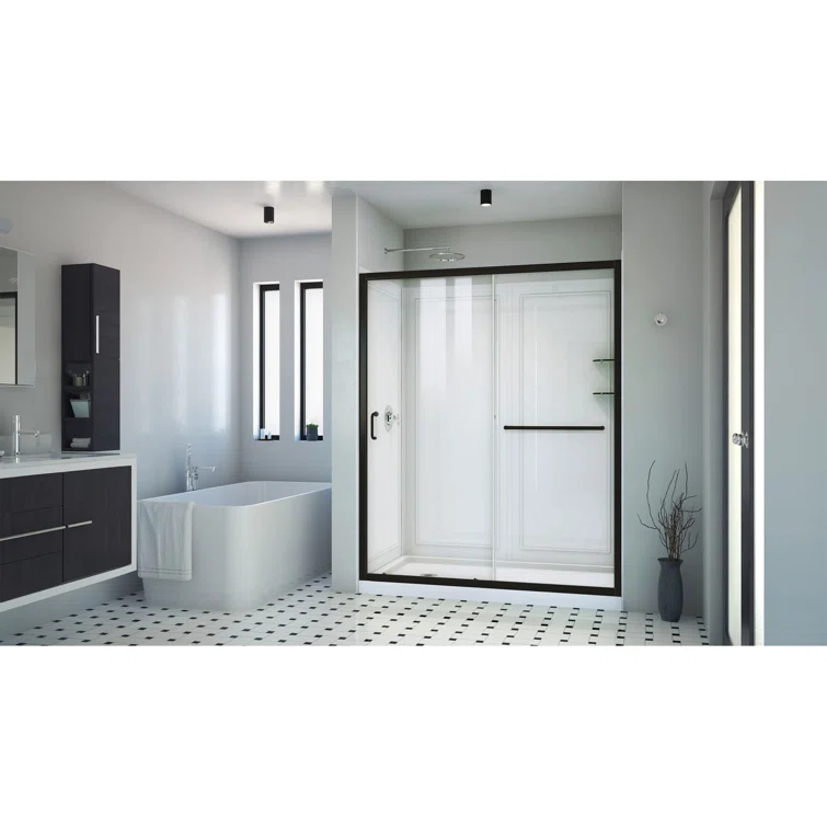 Infinity-Z 60" W x 30" D x 76.75" H Semi-Frameless Rectangle Shower Enclosure with Towel Bar and Base Included