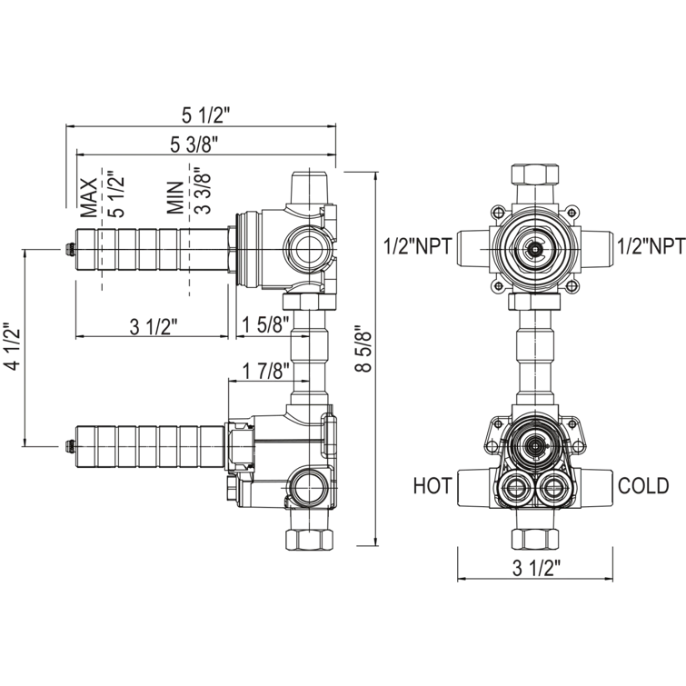 Universal 1/2" Thermostatic Rough Valve-in with Integrated Two Outlet Dedicated Diverter