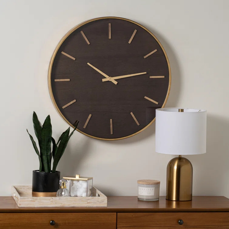 Mid-Century Mahogany Wood & Warm Metal 23.75'' Wall Clock