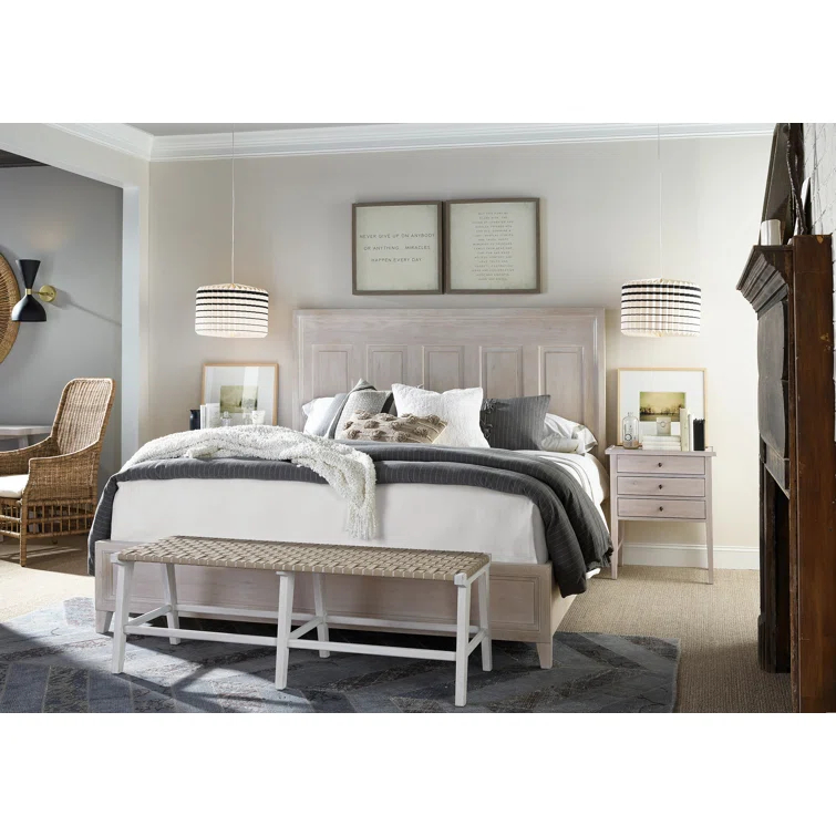 Transitional Buttermilk Oak Queen Panel Bed with Slats and Headboard
