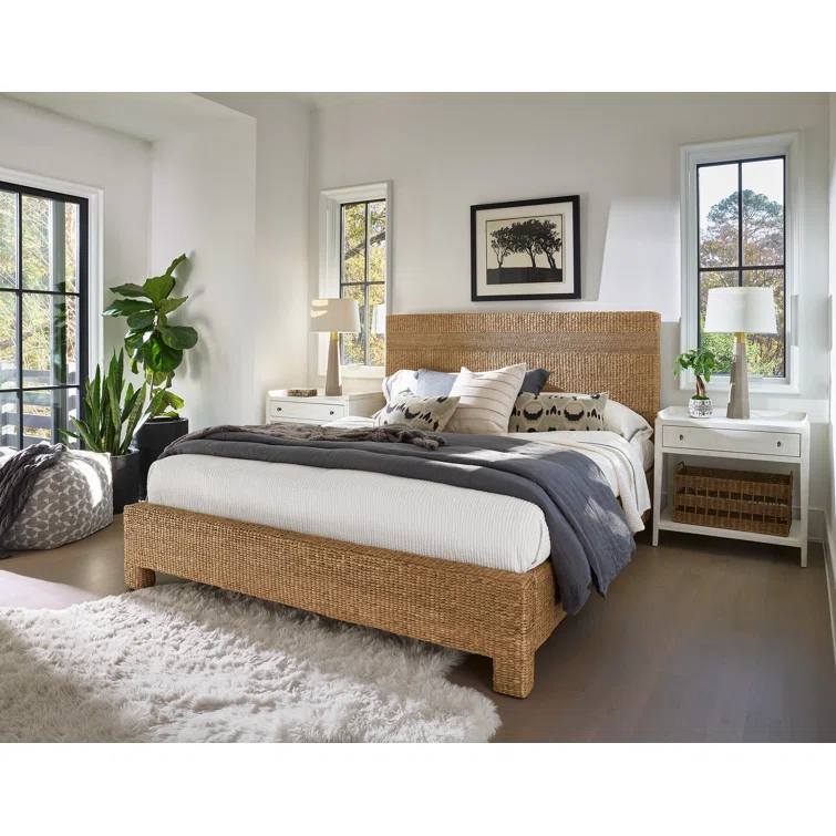 Queen Natural Woven Hyacinth Wood Frame Bed with Headboard