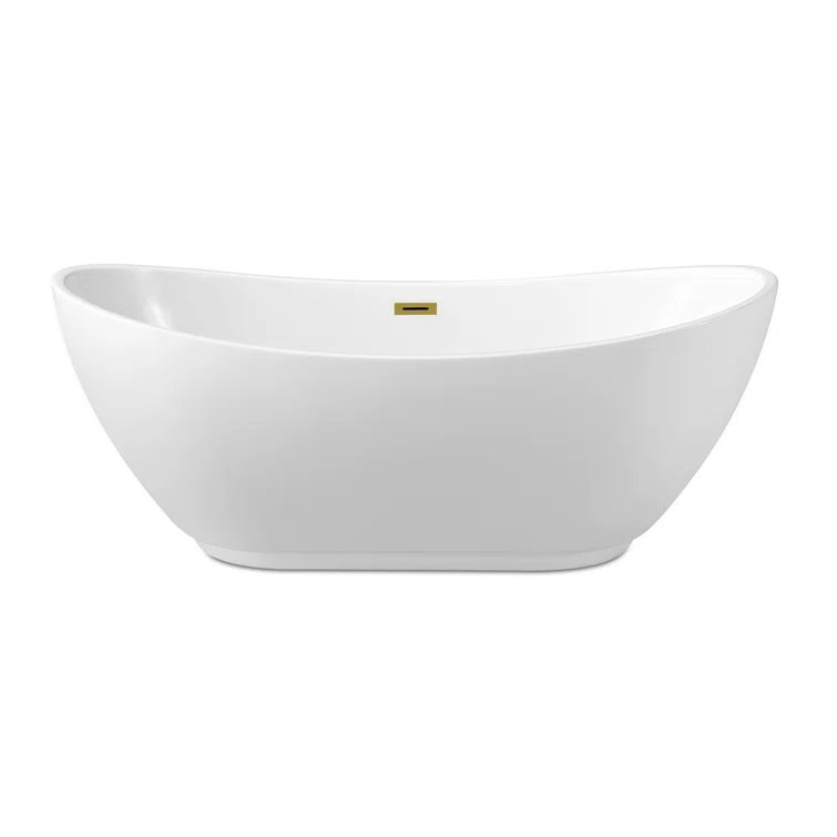 Streamline Bath 62" Streamline Freestanding Soaking Acrylic Bathtub With Drain and Bamboo Tray N580GLD
