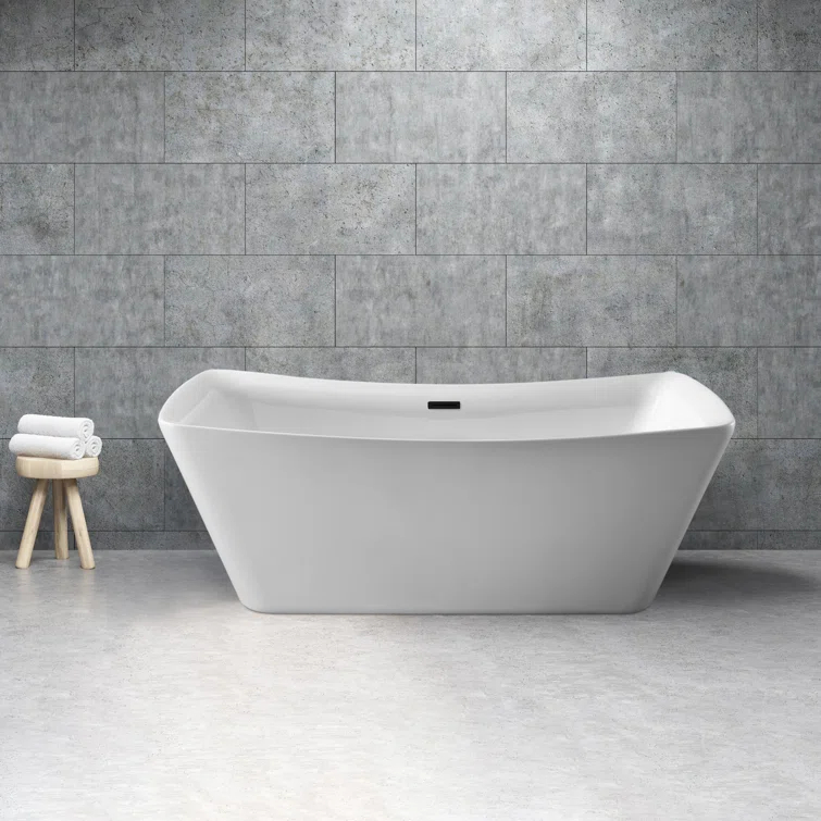 62" Streamline Freestanding Soaking Acrylic Bathtub With Drain and Bamboo Tray