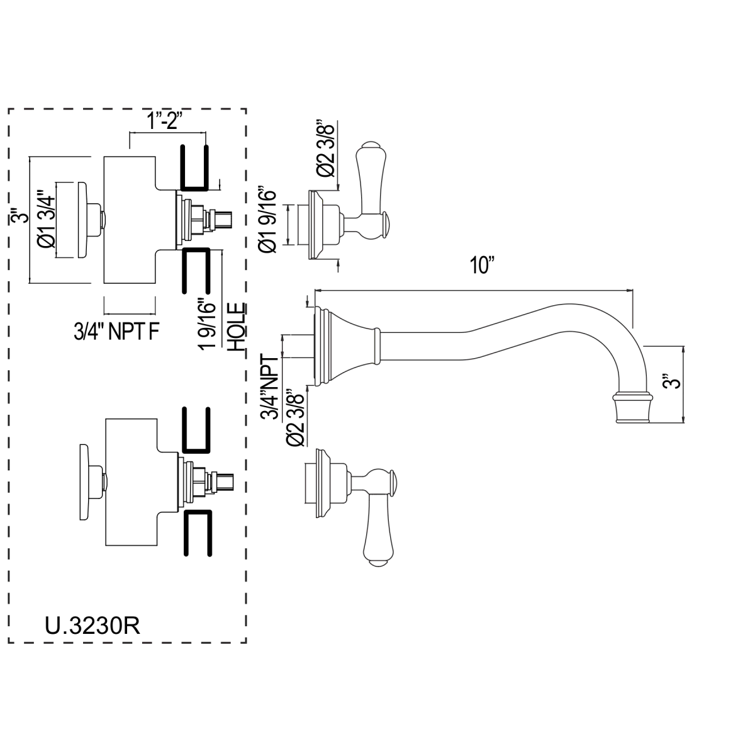 Georgian Era Wall Mount Tub Filler Trim