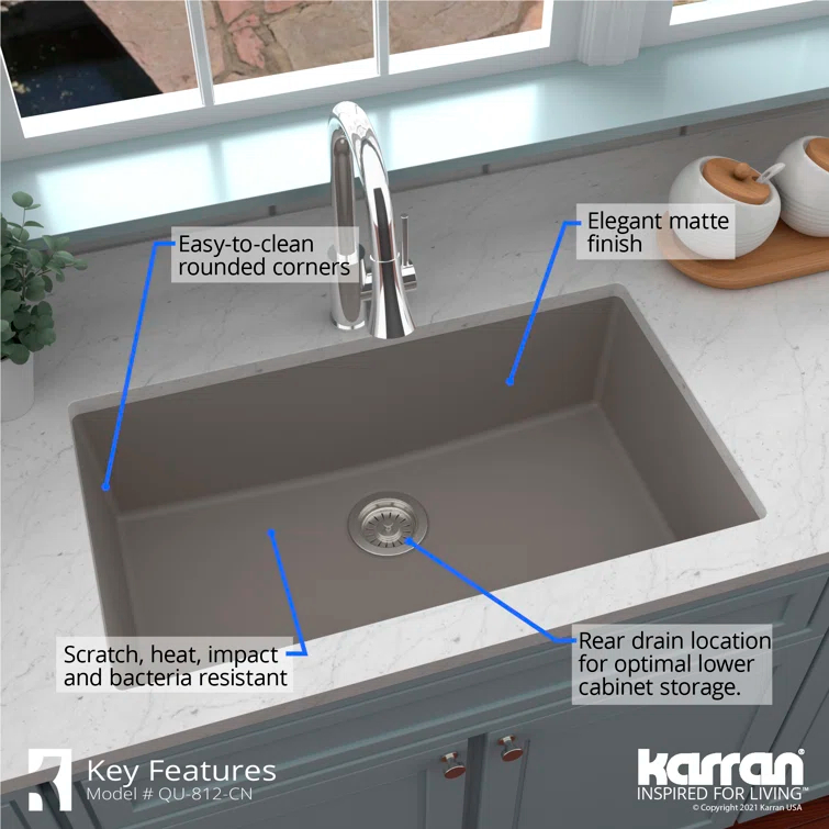 Karran Quartz 32-1/4'' X 19-1/4'' Large Single Bowl Undermount Kitchen Sink
