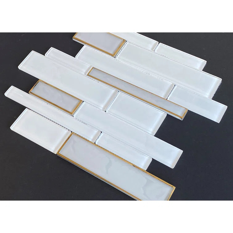 Randow Sized White Glass with Gold Glazed Glass Linear Mosaic Wall Tile