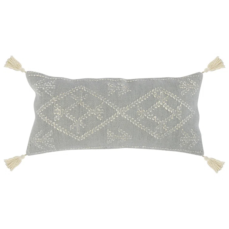 Gray and Ivory Rectangular Throw Pillow with Tassels