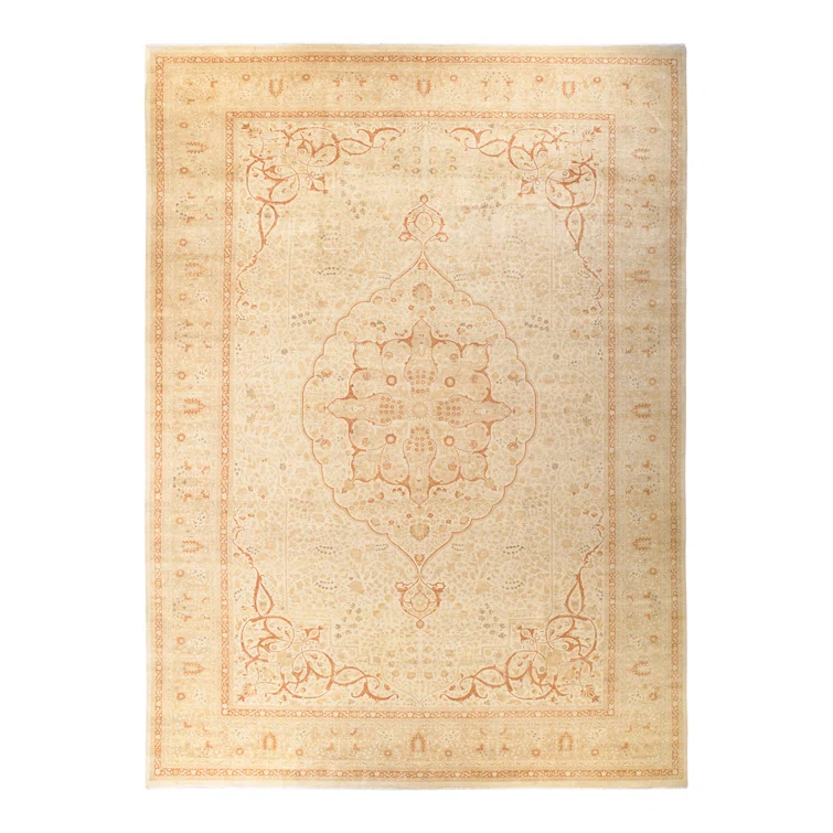 Ivory Hand-Knotted Wool Rectangular Area Rug 12' 4" x 17' 6"